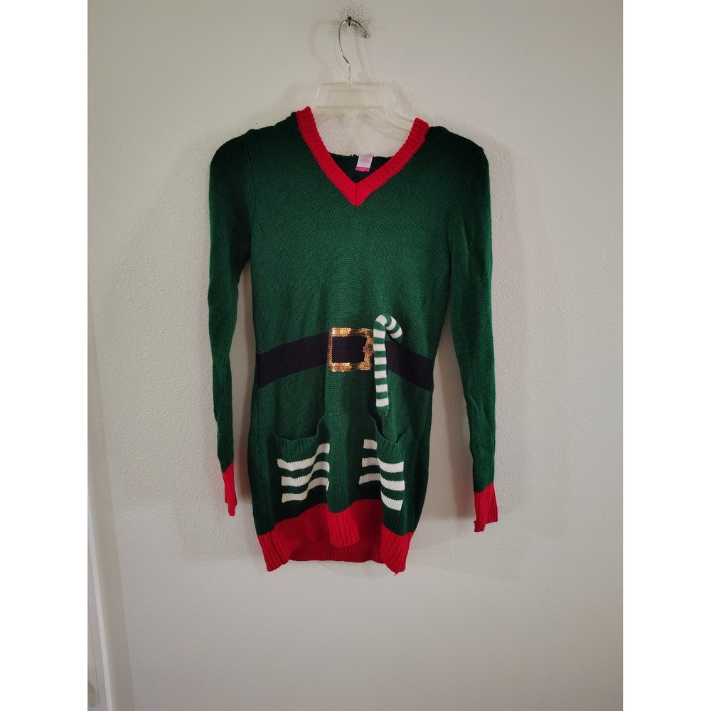 No Boundaries Christmas Elf Ugly Sweater Tunic Green Red Pom Pom Star XS